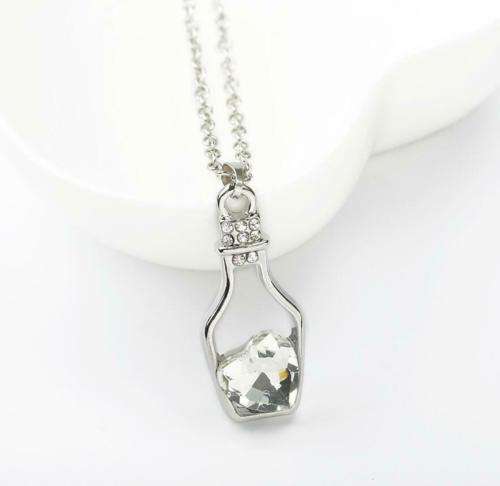 Silver Love Heart Crystal Wishing Bottle Pendant Chain Necklace