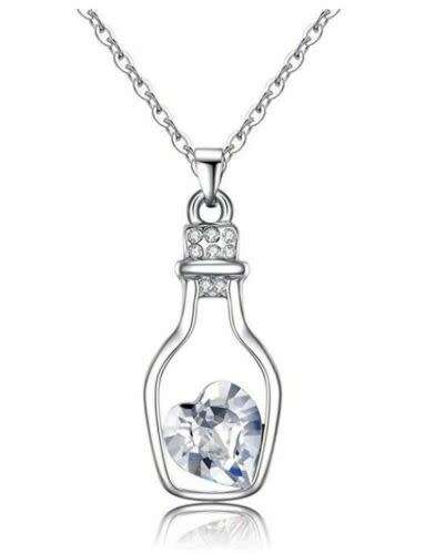 Silver Love Heart Crystal Wishing Bottle Pendant Chain Necklace