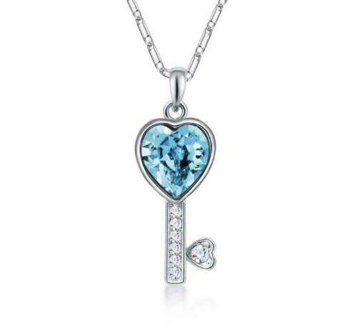 Heart Key Blue Crystal Rhinestone Silver Chain