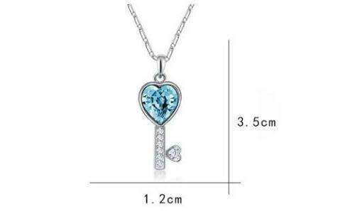 Heart Key Blue Crystal Rhinestone Silver Chain
