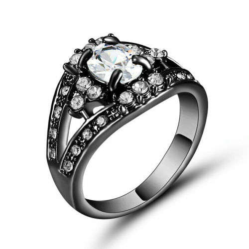 Vintage Round White Sapphire Ring 18K Black Gold Filled Wedding Band Size 6