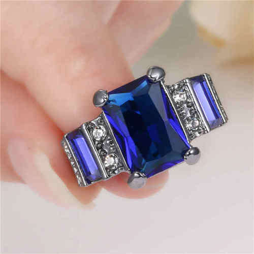 Blue Sapphire 10K Black Gold Filled Halo Ring Gift Size 6