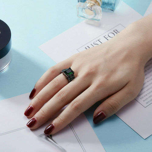 Green Emerald 18K black Gold Filled Engagement Ring Size 6