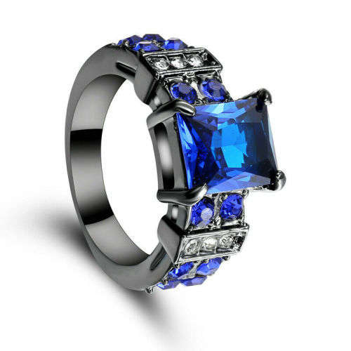 Blue Sapphire 10KT Black Gold Filled Wedding Ring Size 6