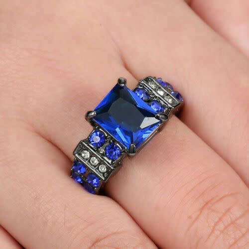 Blue Sapphire 10KT Black Gold Filled Wedding Ring Size 6