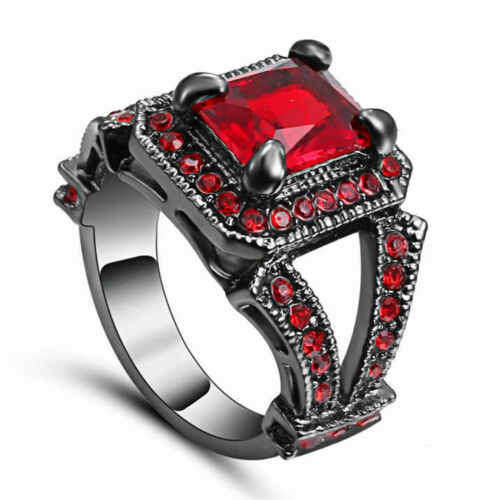 Princess Cut Red Ruby 10K Black Gold Filled Size 6