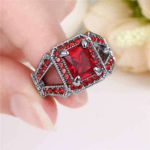 Princess Cut Red Ruby 10K Black Gold Filled Size 6