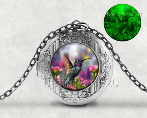 Hummingbird Photo Cabochon Glass Locket Necklace Glow in the dark
