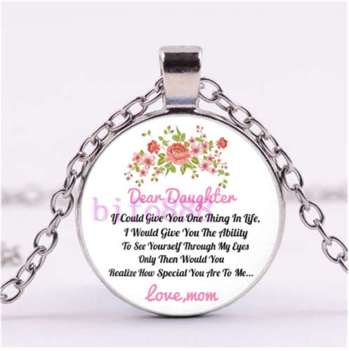 Dear Daughter,Love ,Mom Photo Tibet Silver Cabochon Glass Pendant Chain Necklace