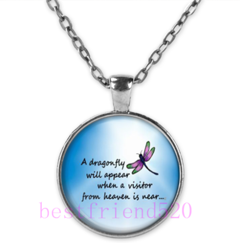 "A Dragonfly will......" Cabochon Glass Silver Pendant Necklace