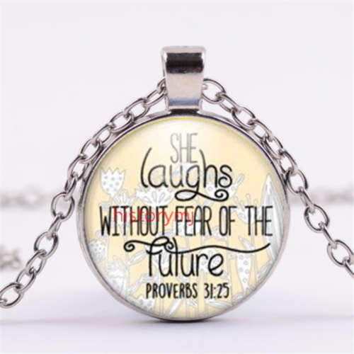 "She laughs without fear of the future" Cabochon Glass Silver Pendant Necklace