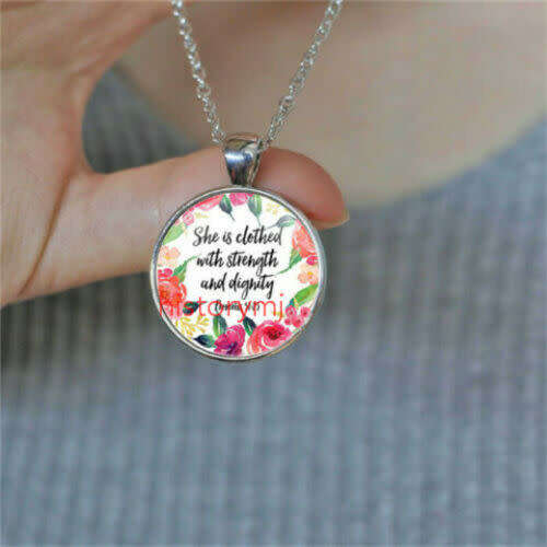"She is clothed with strength and dignity" Cabochon Glass Silver Pendant Necklace