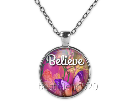 "BELIEVE" Cabochon Glass Silver Pendant Necklace