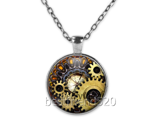 "Vintage Clock" Cabochon Glass Silver Pendant Necklace
