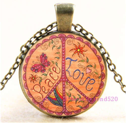 "Peace Love Photo" Cabochon Glass Silver Pendant Necklace