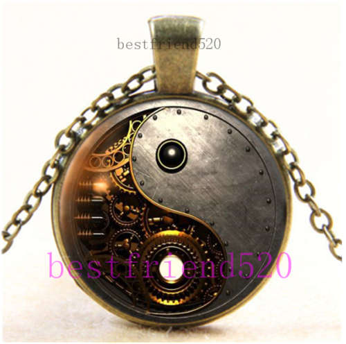 "Vintage Steampunk Ying Yang" Cabochon Glass Silver Pendant Necklace