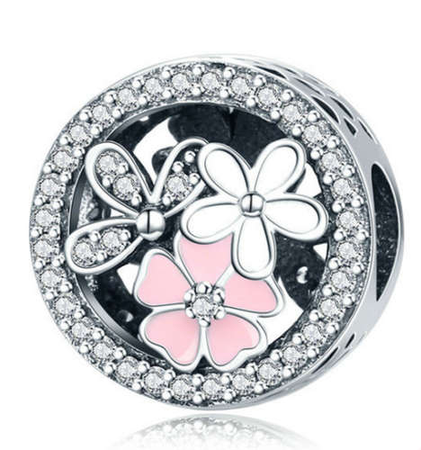 Silver Crystal Flower Charm European Spacer Beads Fit Necklace Bracelet