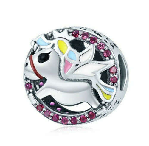 Silver Crystal Pink Unicorn Charm European Spacer Beads Fit Necklace Bracelet