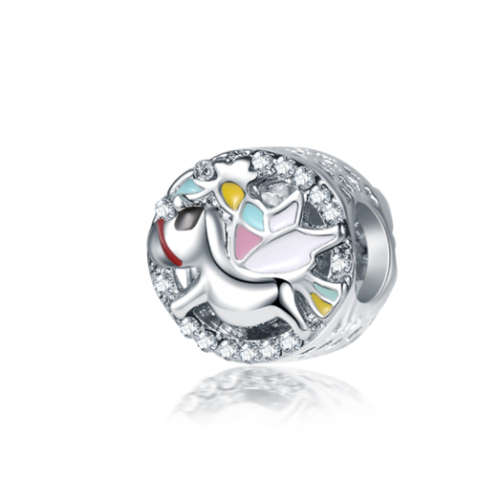 Silver Crystal White Unicorn Charm European Spacer Beads Fit Necklace Bracelet