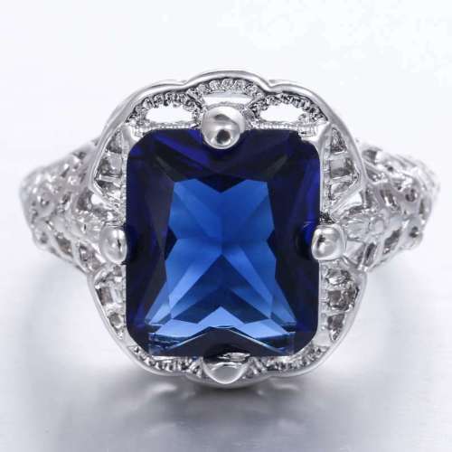 Exquisite Silver Blue Gemstones Bride Wedding Ring Size 8