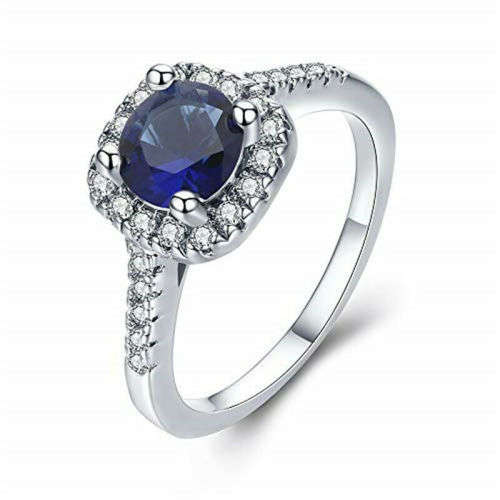 Princess Blue Zircon 14K White Gold Plated Ring Size 8