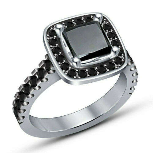 Princess Black Square Zircon 14K White Gold Plated Ring Size 7