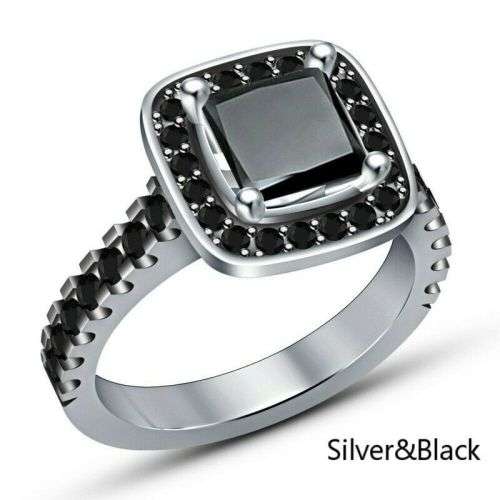 Princess Black Square Zircon 14K White Gold Plated Ring Size 7