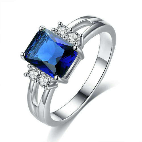 Blue Sapphire Crystal 10KT White Gold Filled Ring Size 10