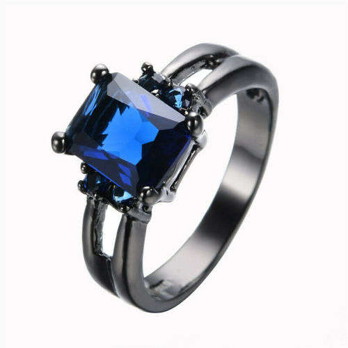 Blue Sapphire Crystal 10KT Black Gold Filled Ring Size 9