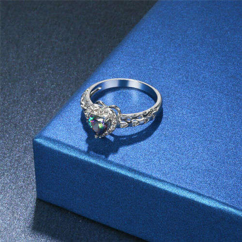 Heart Cut Rainbow  Zircon White Gold Filled Ring Size 8
