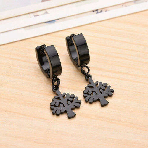 Men's Black Tree Non Allergic Ear Buckle Punk Stainless Steel Earrings
