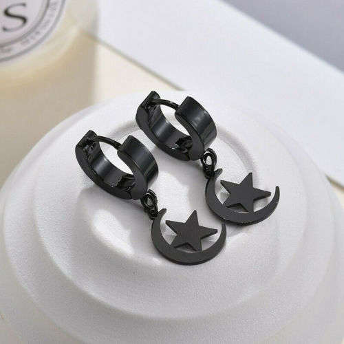 Men's Black Moon&Star Non Allergic Ear Buckle Punk Stainless Steel Earrings