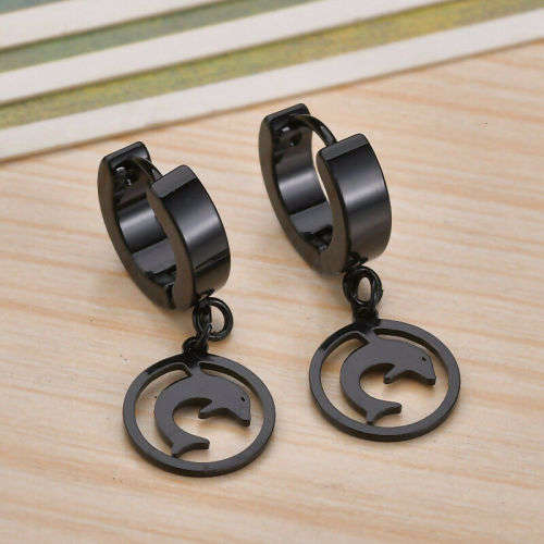 ** GENUINE STAINLESS STEEL ** Black Dolphin Non Allergic Ear Buckle Punk Earrings