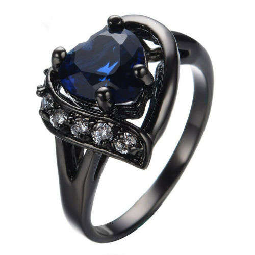 Mystic Heart Shaped Deep Blue Zircon Black Gold Filled Ring  Size 10