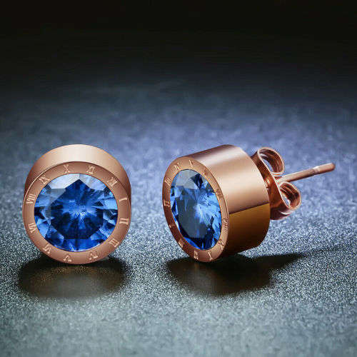 Rose Gold Blue Crystal Jewelry Anti Allergic Stainless Steel Earrings