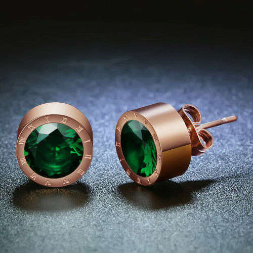 Rose Gold Green Crystal Jewelry Anti Allergic Stainless Steel Earrings
