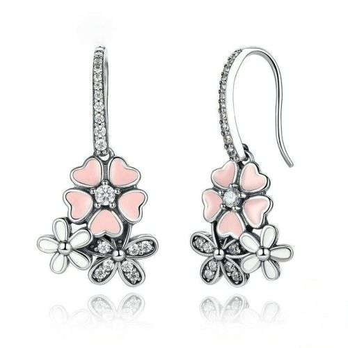 Silver Floral Zircon Daisy Pink Peach Drop Hang Earrings