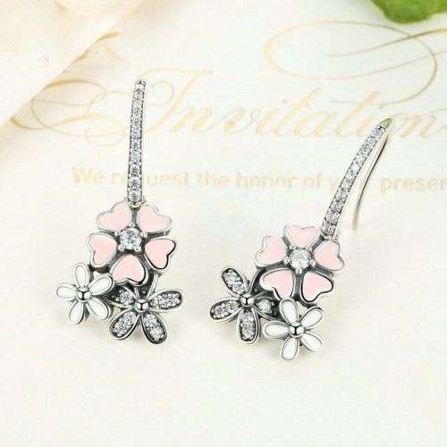 Silver Floral Zircon Daisy Pink Peach Drop Hang Earrings