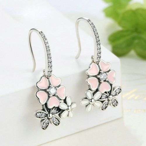 Silver Floral Zircon Daisy Pink Peach Drop Hang Earrings