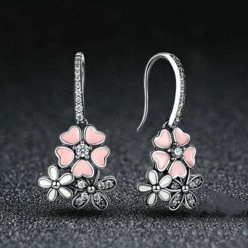 Silver Floral Zircon Daisy Pink Peach Drop Hang Earrings