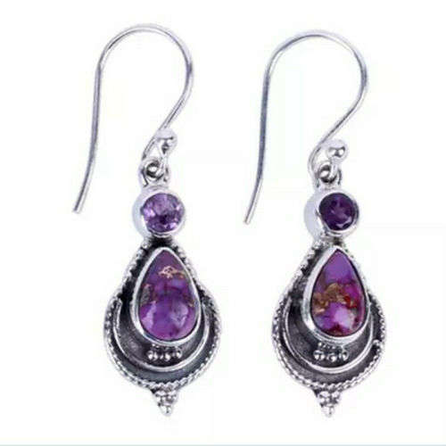 Vintage Boho Silver Charoite Crystal Drop Dangle Hook Earrings