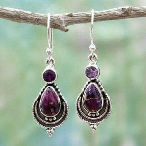 Vintage Boho Silver Charoite Crystal Drop Dangle Hook Earrings