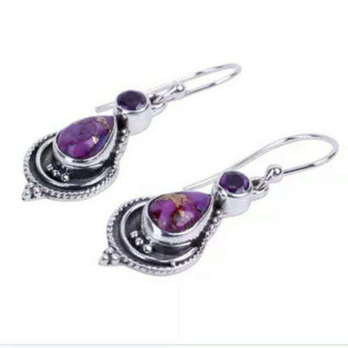 Vintage Boho Silver Charoite Crystal Drop Dangle Hook Earrings