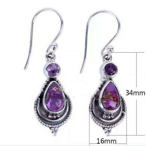 Vintage Boho Silver Charoite Crystal Drop Dangle Hook Earrings
