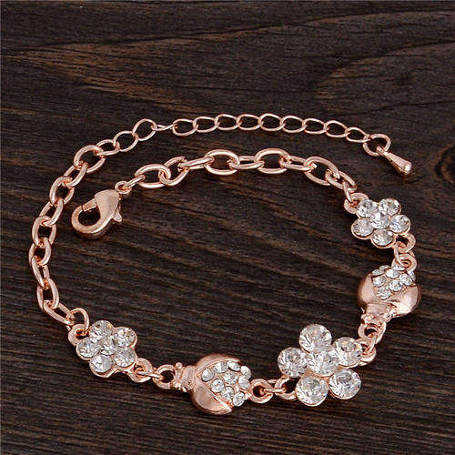 18K Rose Gold Filled Crystal Flower 22.5cm Women's Link Chain Bangle Bracelet