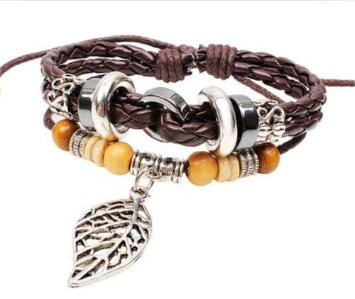 Leather Cute Lots Charm Wrap Bracelet Silver Leaves
