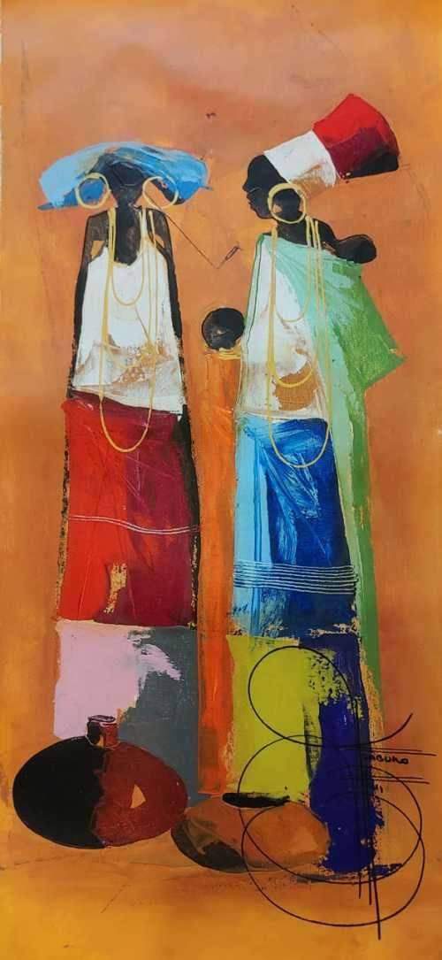 ORIGINAL NDABUKO NTULI OIL PAINTING, (SA) ARTIST. UNFRAMED 95.5 X 43.5CM (REDUCED)