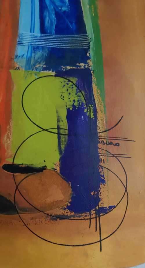 ORIGINAL NDABUKO NTULI OIL PAINTING, (SA) ARTIST. UNFRAMED 95.5 X 43.5CM (REDUCED)