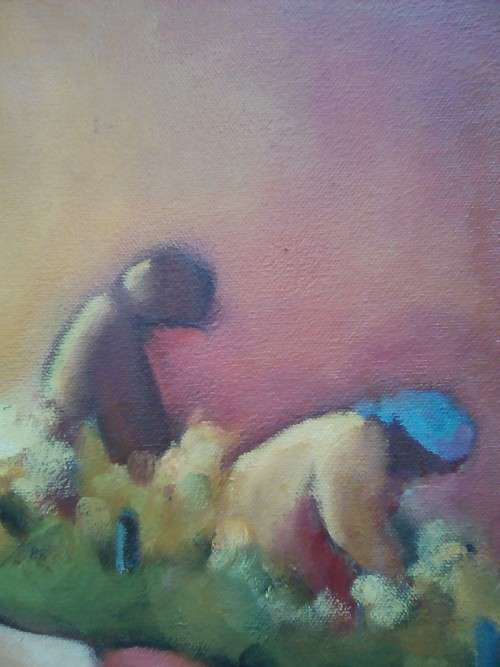 LOVELY OIL PAINTING BY MAY PAGE, `GRAPE PICKERS` 60.5 X 40.5