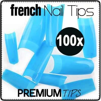 100x Blue Gel Acrylic French Nails Tips in case